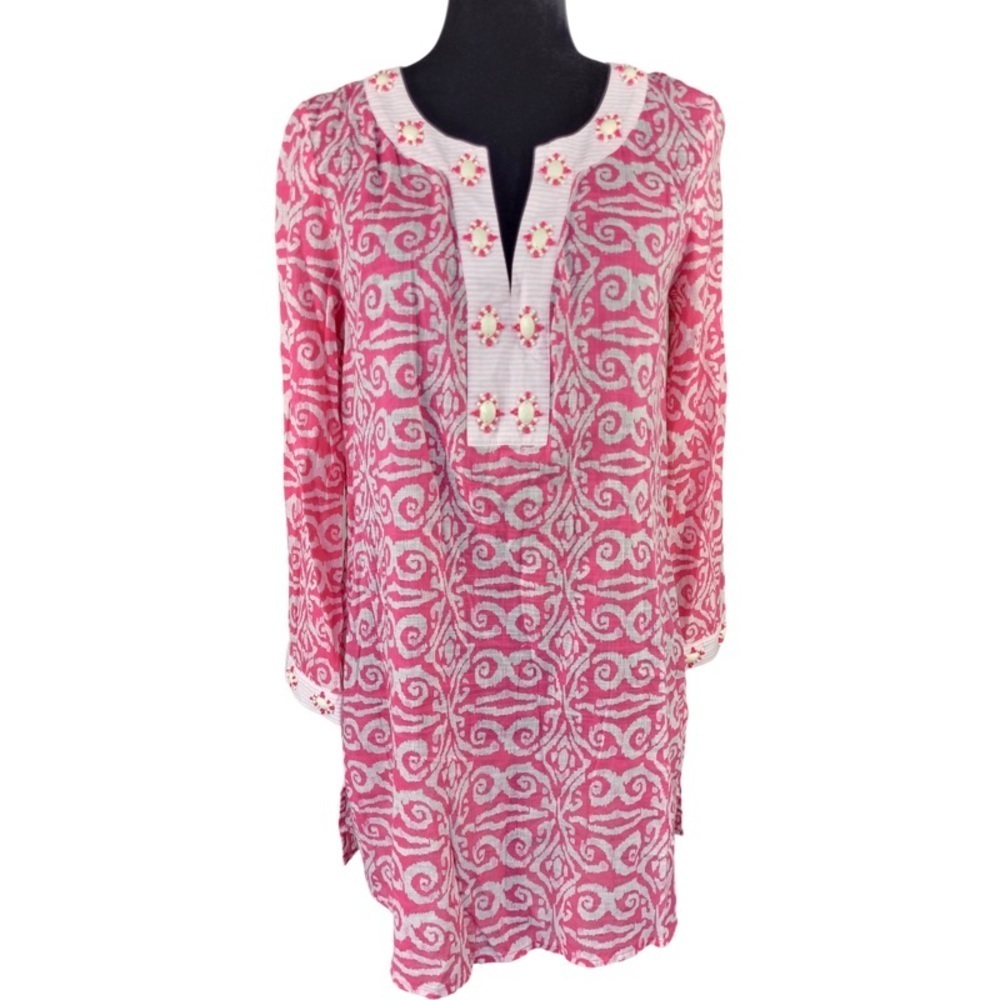 ✅Vineyard Vines pink white quarter sleeve v-neck studded pattern tunic blouse XS
